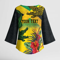 Personalized Jamaica Crocodile Kimono Sleeve Blouse Tropical Flowers Grunge Flag - Wonder Print Shop