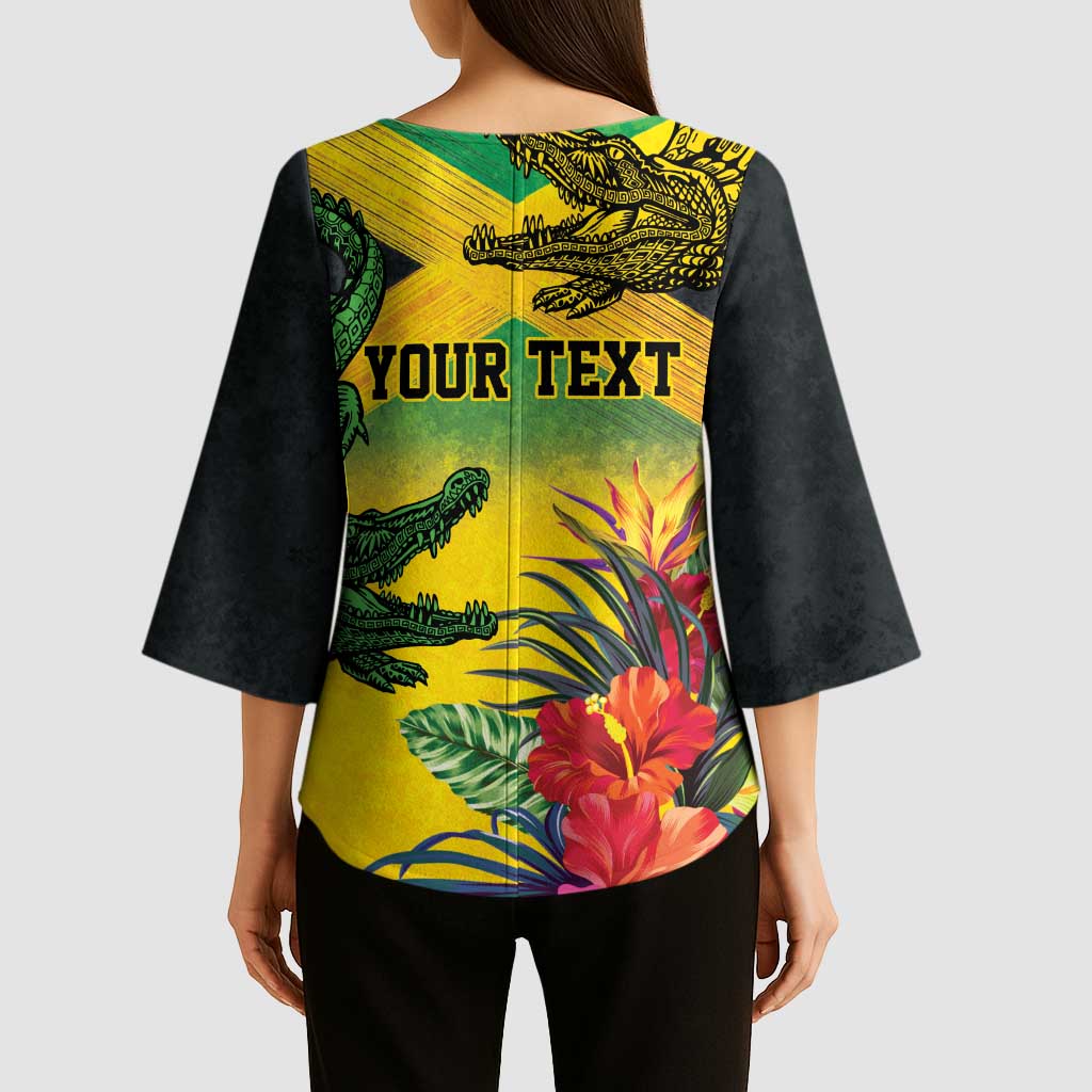 Personalized Jamaica Crocodile Kimono Sleeve Blouse Tropical Flowers Grunge Flag - Wonder Print Shop