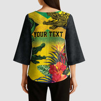 Personalized Jamaica Crocodile Kimono Sleeve Blouse Tropical Flowers Grunge Flag - Wonder Print Shop