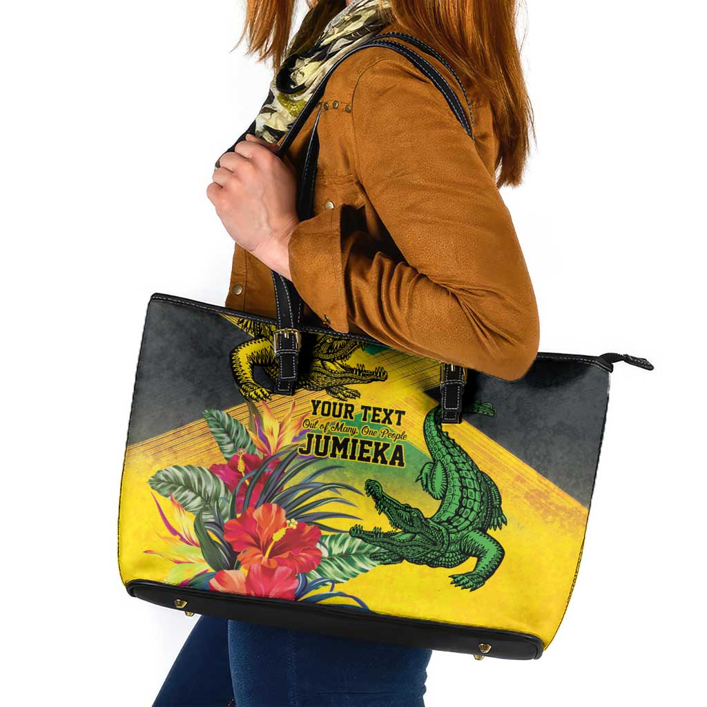 Personalized Jamaica Crocodile Leather Tote Bag Tropical Flowers Grunge Flag - Wonder Print Shop