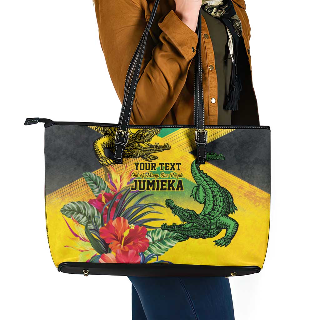 Personalized Jamaica Crocodile Leather Tote Bag Tropical Flowers Grunge Flag - Wonder Print Shop