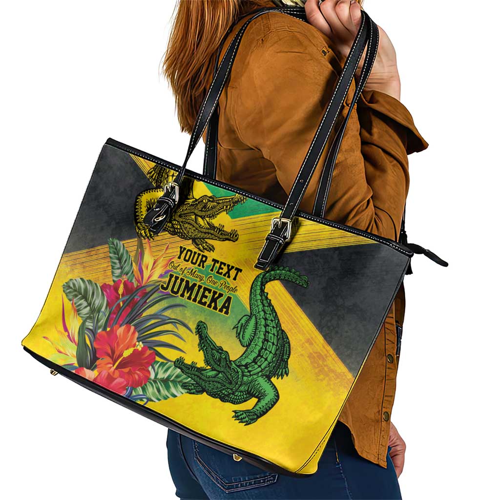 Personalized Jamaica Crocodile Leather Tote Bag Tropical Flowers Grunge Flag - Wonder Print Shop