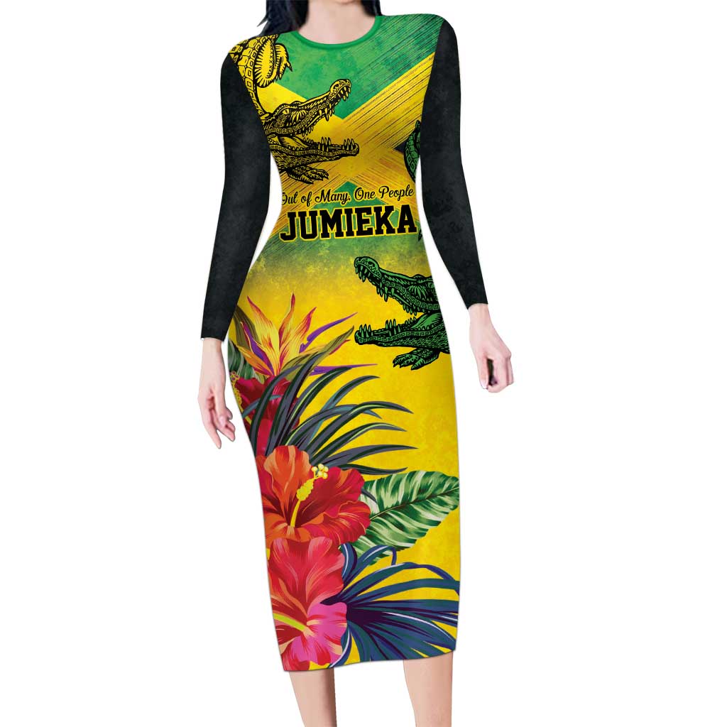 Personalized Jamaica Crocodile Long Sleeve Bodycon Dress Tropical Flowers Grunge Flag - Wonder Print Shop