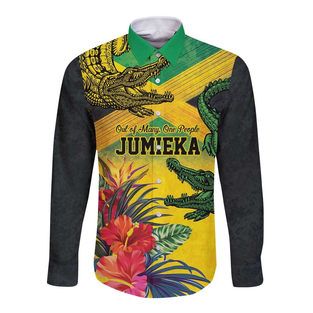 Personalized Jamaica Crocodile Long Sleeve Button Shirt Tropical Flowers Grunge Flag - Wonder Print Shop