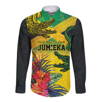 Personalized Jamaica Crocodile Long Sleeve Button Shirt Tropical Flowers Grunge Flag - Wonder Print Shop