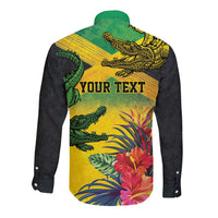 Personalized Jamaica Crocodile Long Sleeve Button Shirt Tropical Flowers Grunge Flag - Wonder Print Shop