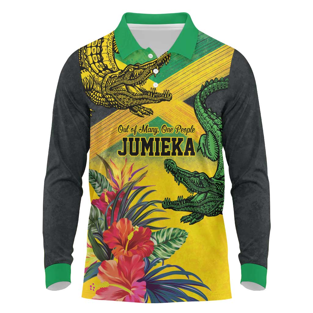 Personalized Jamaica Crocodile Long Sleeve Polo Shirt Tropical Flowers Grunge Flag - Wonder Print Shop