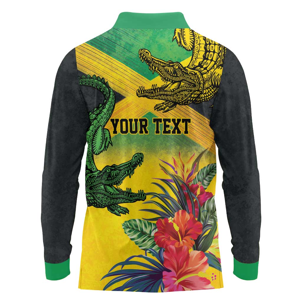 Personalized Jamaica Crocodile Long Sleeve Polo Shirt Tropical Flowers Grunge Flag - Wonder Print Shop
