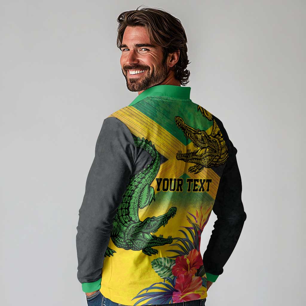 Personalized Jamaica Crocodile Long Sleeve Polo Shirt Tropical Flowers Grunge Flag - Wonder Print Shop