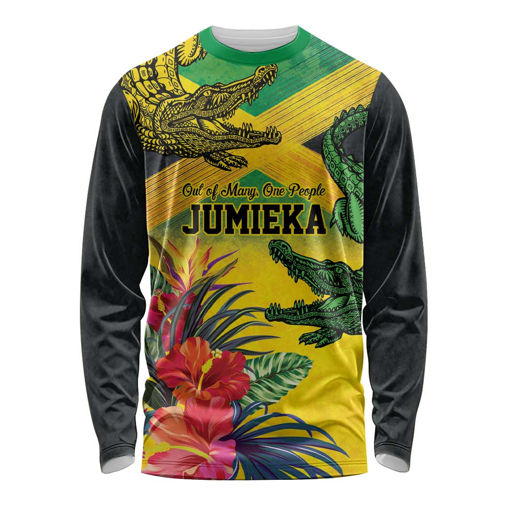 Personalized Jamaica Crocodile Long Sleeve Shirt Tropical Flowers Grunge Flag - Wonder Print Shop