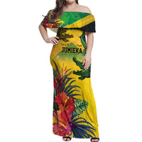 Personalized Jamaica Crocodile Off Shoulder Maxi Dress Tropical Flowers Grunge Flag - Wonder Print Shop