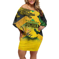 Personalized Jamaica Crocodile Off Shoulder Short Dress Tropical Flowers Grunge Flag - Wonder Print Shop