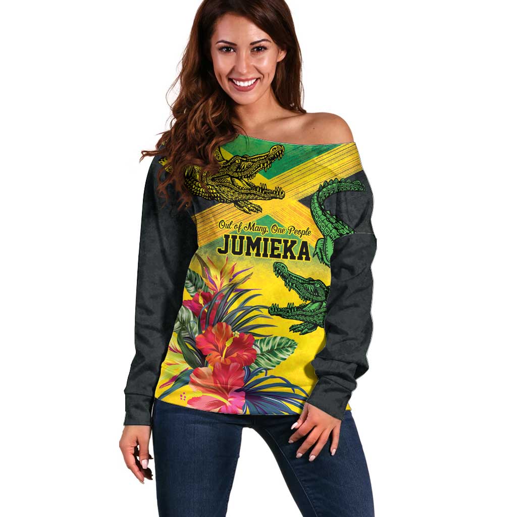 Personalized Jamaica Crocodile Off Shoulder Sweater Tropical Flowers Grunge Flag - Wonder Print Shop