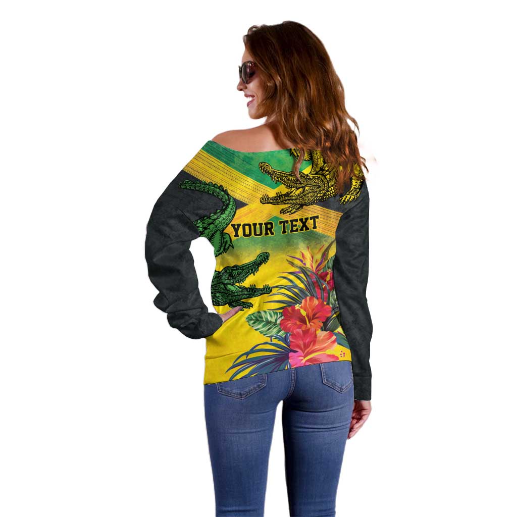 Personalized Jamaica Crocodile Off Shoulder Sweater Tropical Flowers Grunge Flag - Wonder Print Shop