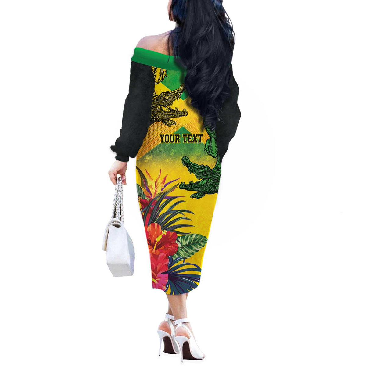 Personalized Jamaica Crocodile Off The Shoulder Long Sleeve Dress Tropical Flowers Grunge Flag - Wonder Print Shop