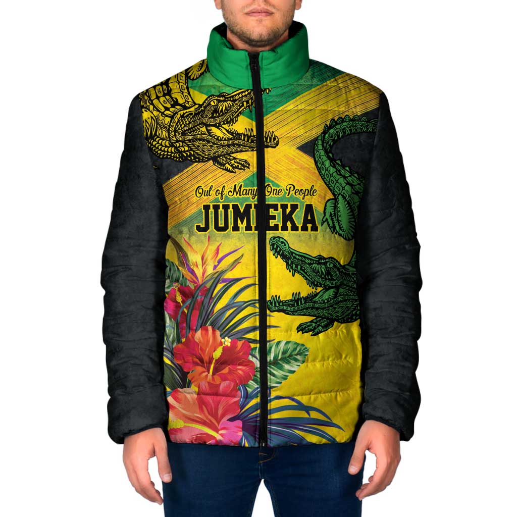 Personalized Jamaica Crocodile Padded Jacket Tropical Flowers Grunge Flag - Wonder Print Shop