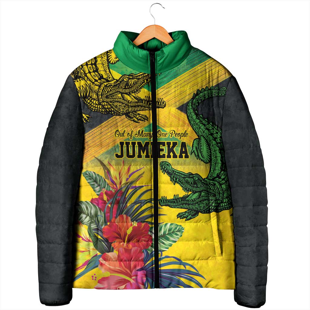 Personalized Jamaica Crocodile Padded Jacket Tropical Flowers Grunge Flag - Wonder Print Shop