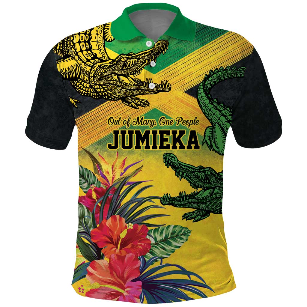 Personalized Jamaica Crocodile Polo Shirt Tropical Flowers Grunge Flag - Wonder Print Shop