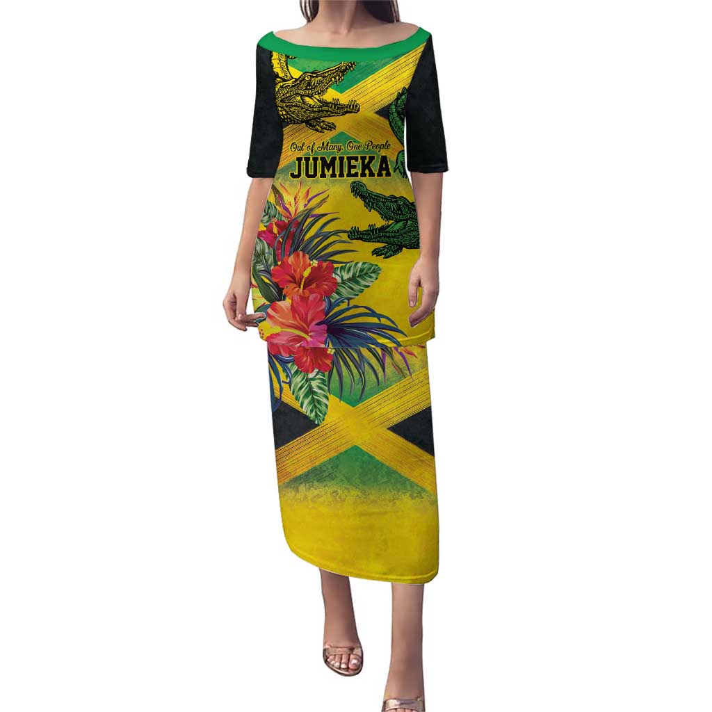 Personalized Jamaica Crocodile Puletasi Tropical Flowers Grunge Flag - Wonder Print Shop