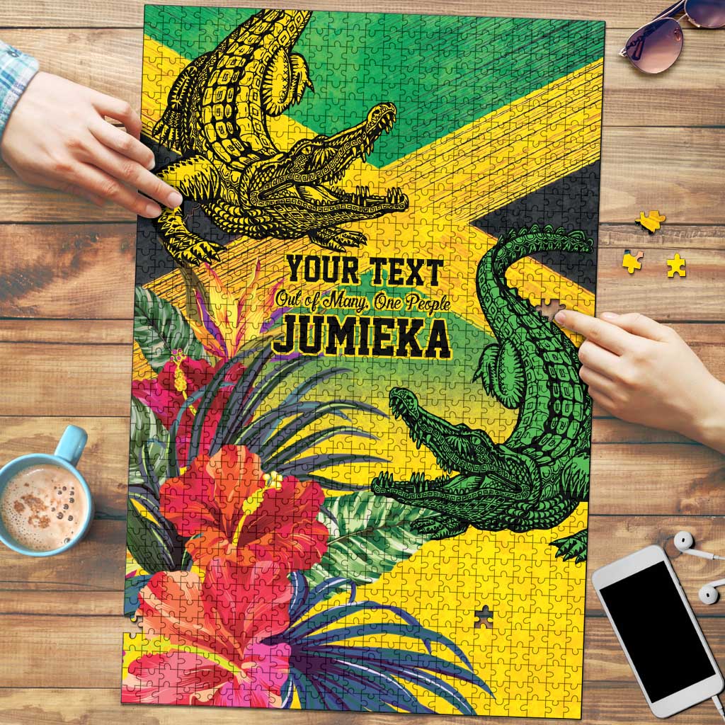Personalized Jamaica Crocodile Puzzle Tropical Flowers Grunge Flag - Wonder Print Shop