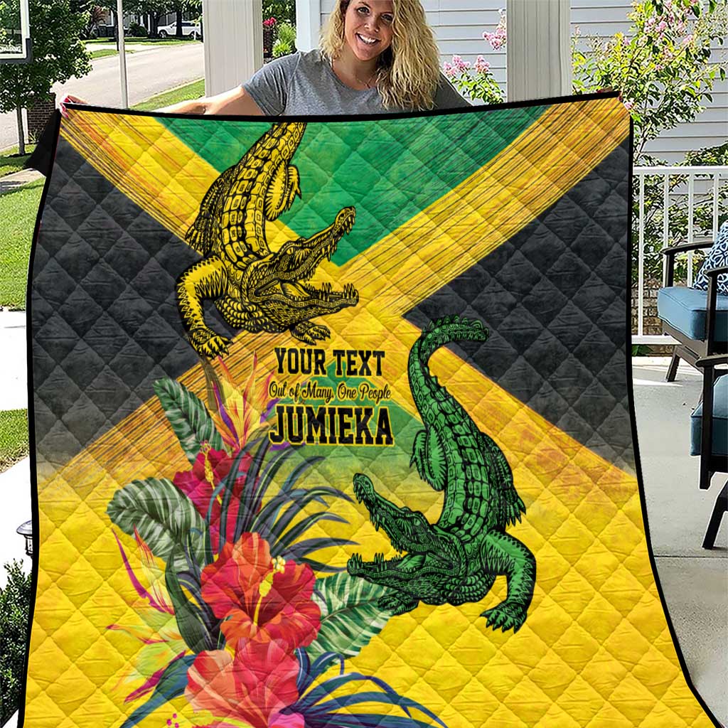Personalized Jamaica Crocodile Quilt Tropical Flowers Grunge Flag - Wonder Print Shop