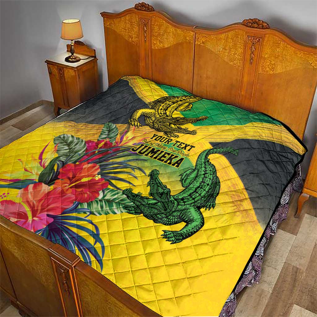 Personalized Jamaica Crocodile Quilt Tropical Flowers Grunge Flag - Wonder Print Shop