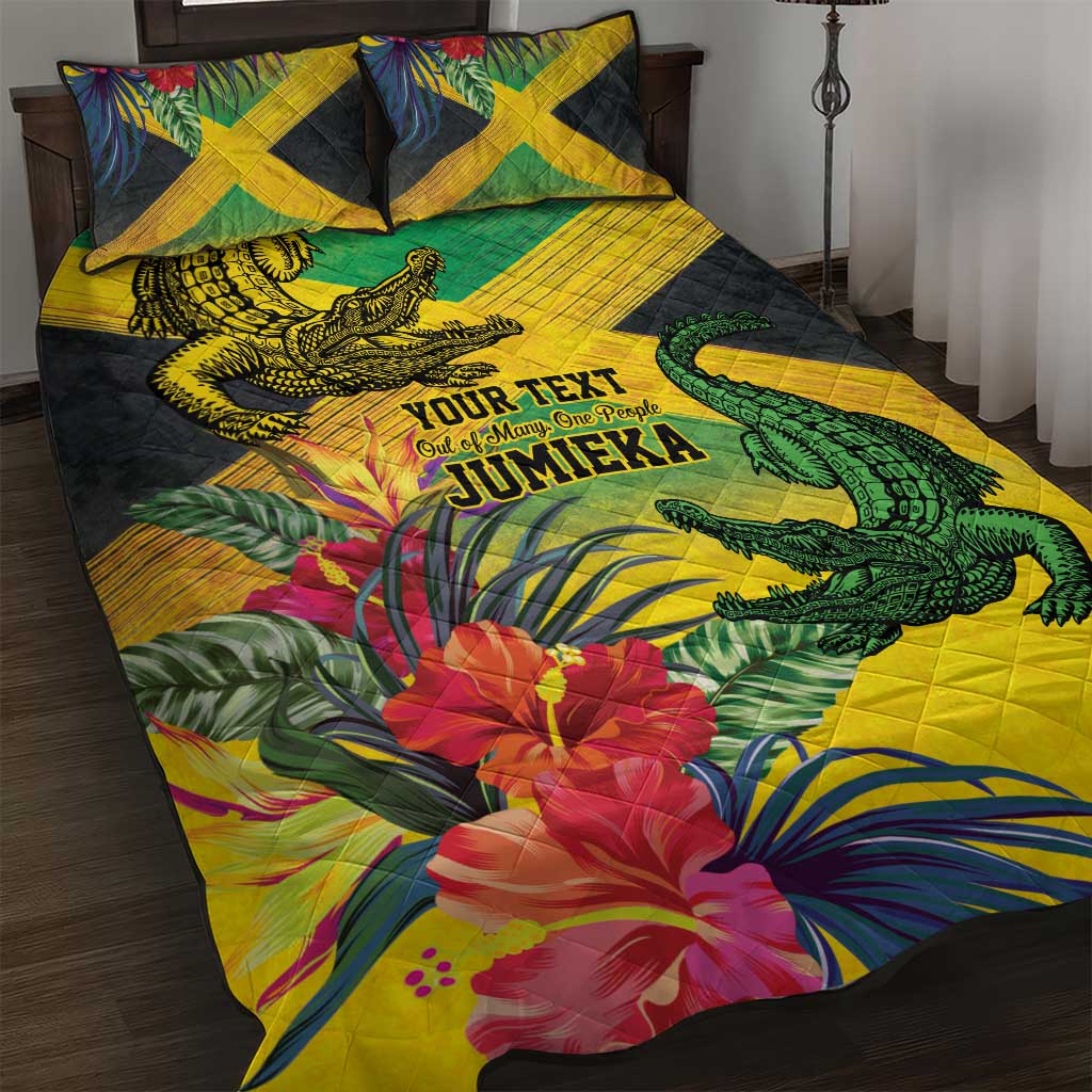 Personalized Jamaica Crocodile Quilt Bed Set Tropical Flowers Grunge Flag - Wonder Print Shop