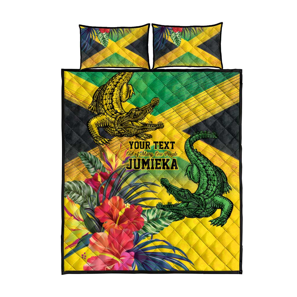 Personalized Jamaica Crocodile Quilt Bed Set Tropical Flowers Grunge Flag - Wonder Print Shop