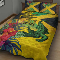 Personalized Jamaica Crocodile Quilt Bed Set Tropical Flowers Grunge Flag - Wonder Print Shop