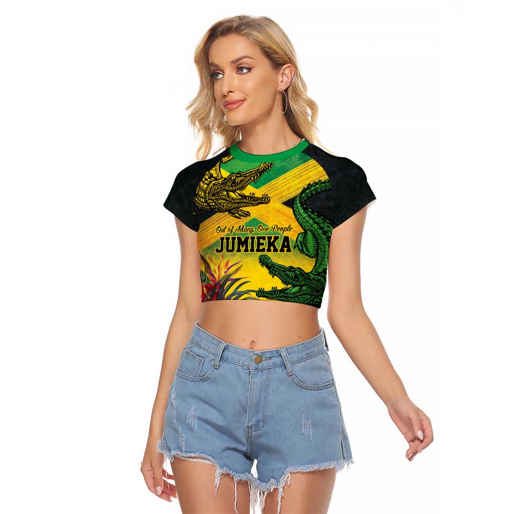 Personalized Jamaica Crocodile Raglan Cropped T Shirt Tropical Flowers Grunge Flag - Wonder Print Shop