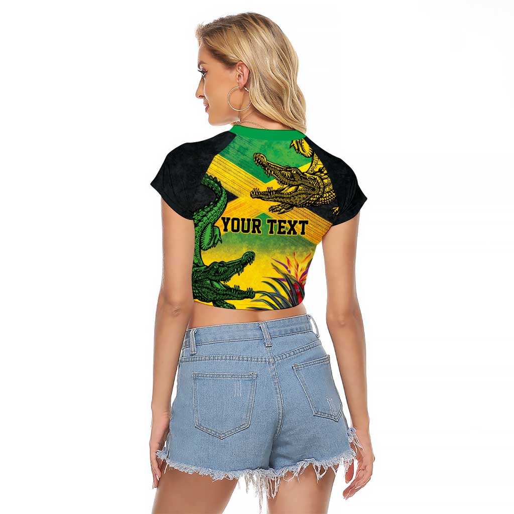 Personalized Jamaica Crocodile Raglan Cropped T Shirt Tropical Flowers Grunge Flag - Wonder Print Shop