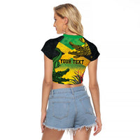 Personalized Jamaica Crocodile Raglan Cropped T Shirt Tropical Flowers Grunge Flag - Wonder Print Shop
