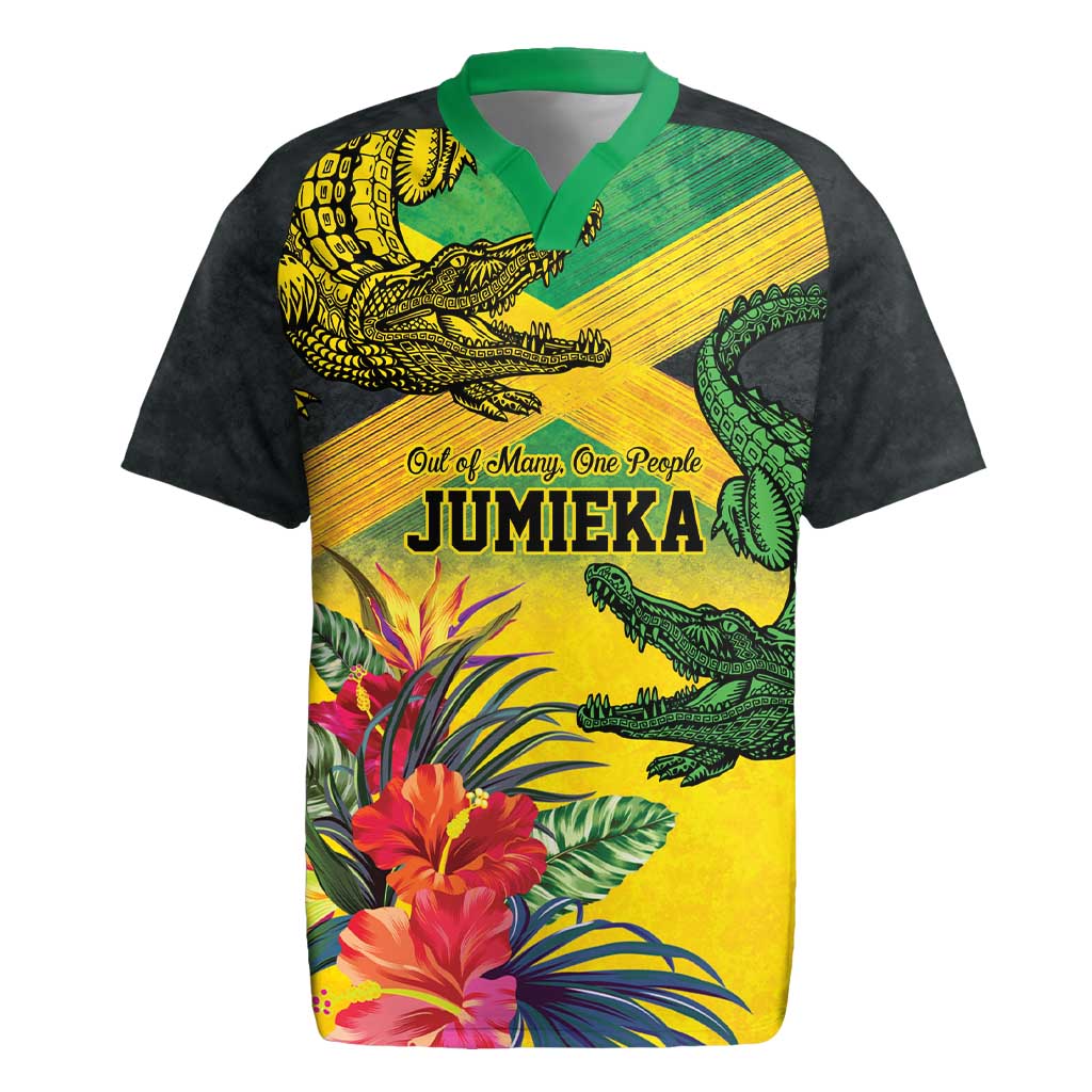Personalized Jamaica Crocodile Rugby Jersey Tropical Flowers Grunge Flag - Wonder Print Shop