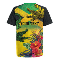 Personalized Jamaica Crocodile Rugby Jersey Tropical Flowers Grunge Flag - Wonder Print Shop