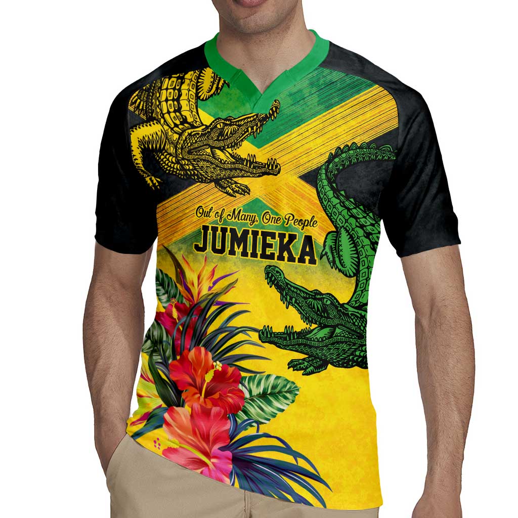 Personalized Jamaica Crocodile Rugby Jersey Tropical Flowers Grunge Flag - Wonder Print Shop
