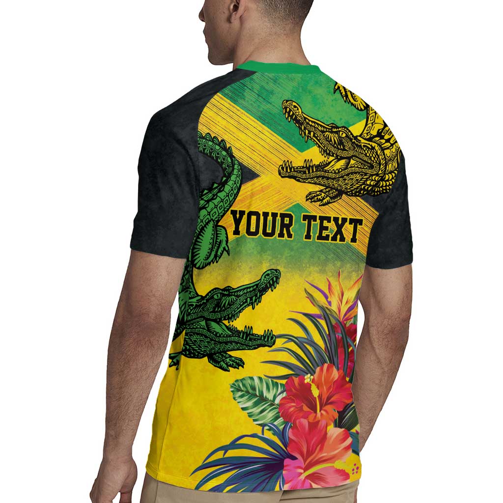 Personalized Jamaica Crocodile Rugby Jersey Tropical Flowers Grunge Flag - Wonder Print Shop