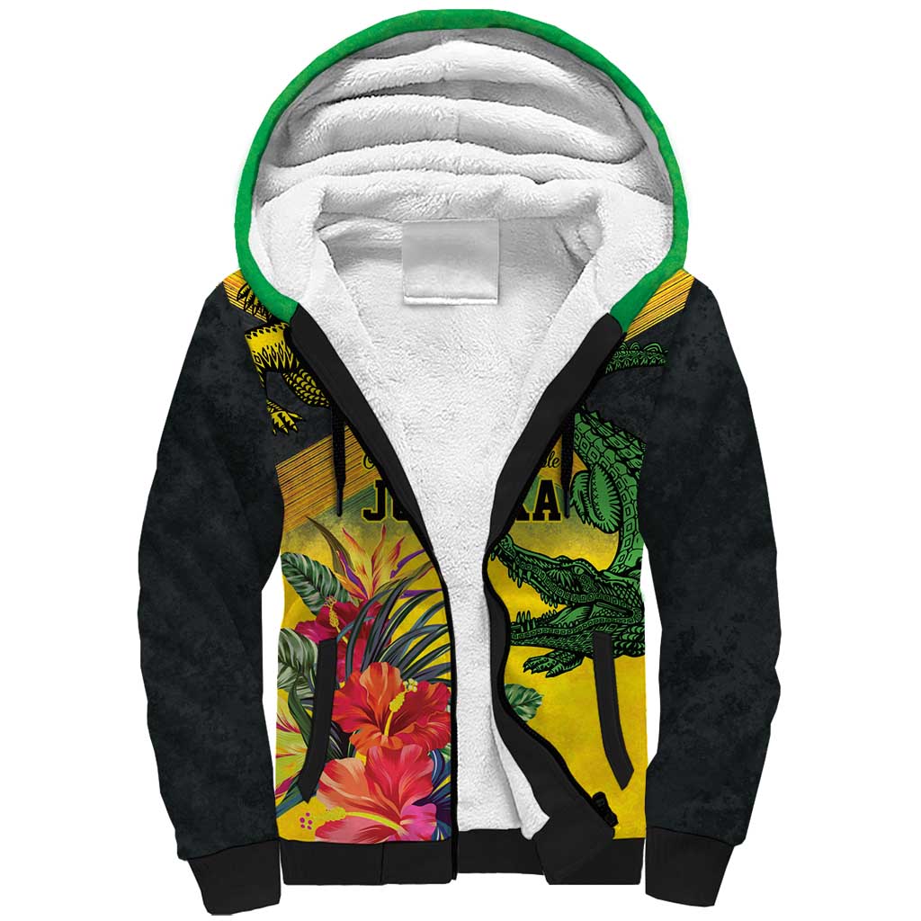 Personalized Jamaica Crocodile Sherpa Hoodie Tropical Flowers Grunge Flag - Wonder Print Shop