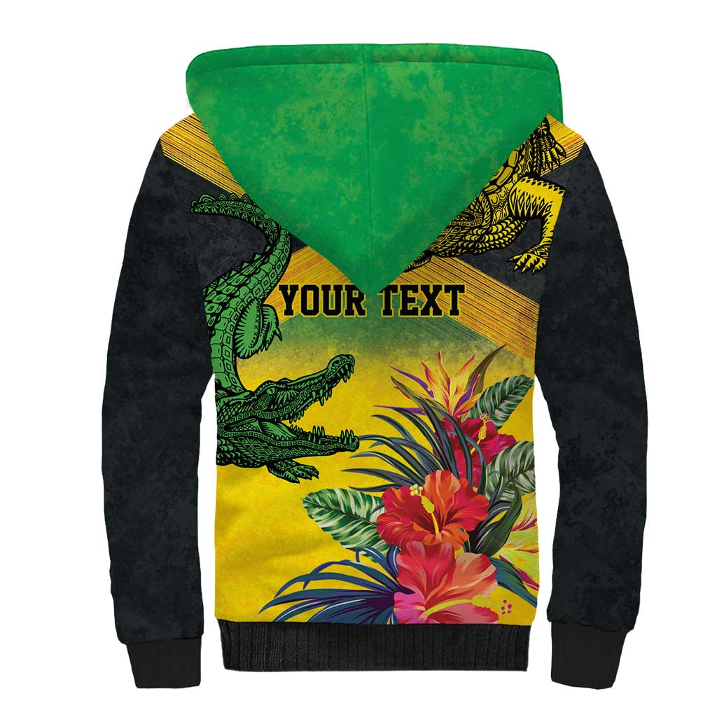 Personalized Jamaica Crocodile Sherpa Hoodie Tropical Flowers Grunge Flag - Wonder Print Shop