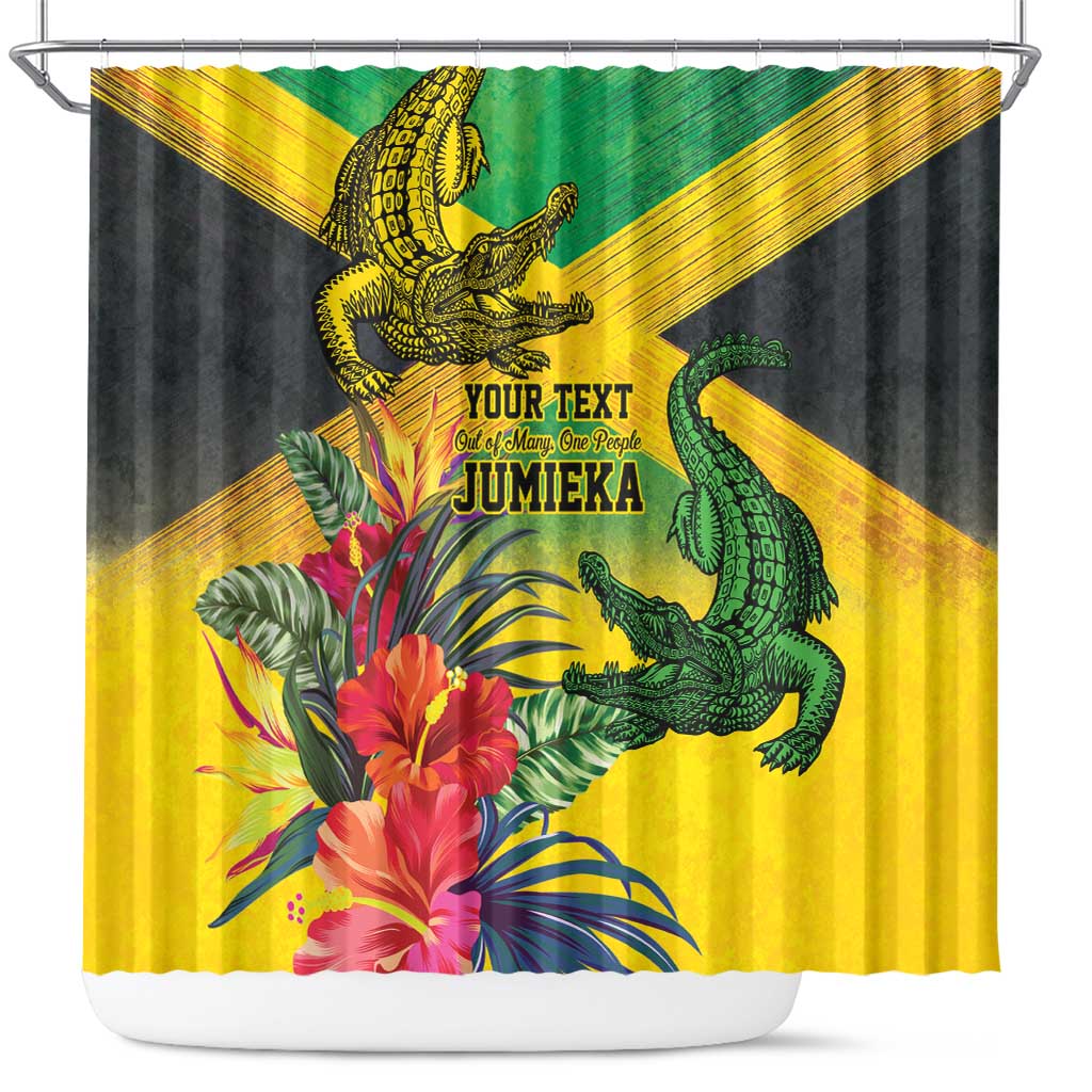Personalized Jamaica Crocodile Shower Curtain Tropical Flowers Grunge Flag - Wonder Print Shop