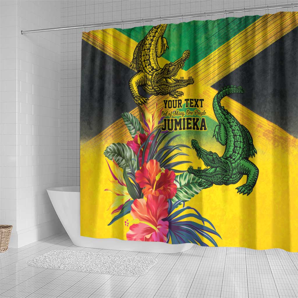 Personalized Jamaica Crocodile Shower Curtain Tropical Flowers Grunge Flag - Wonder Print Shop