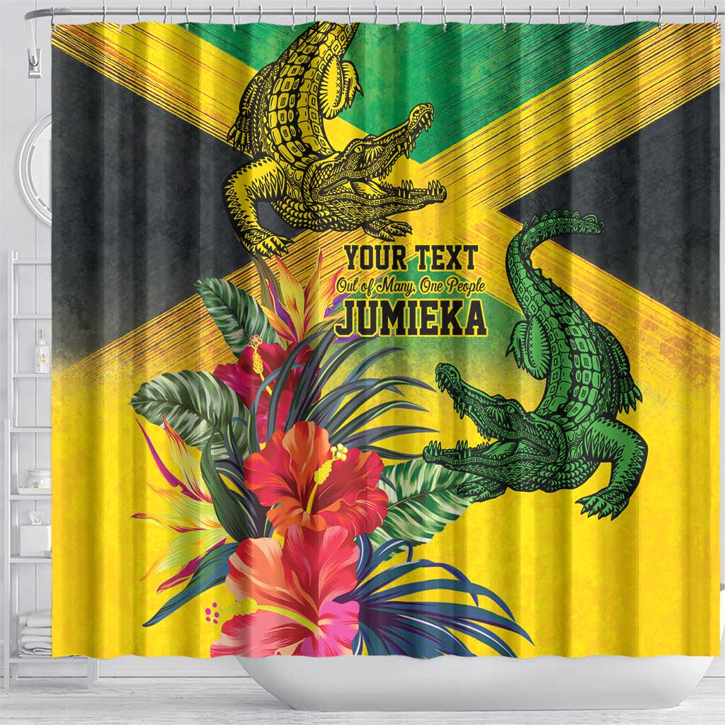 Personalized Jamaica Crocodile Shower Curtain Tropical Flowers Grunge Flag - Wonder Print Shop