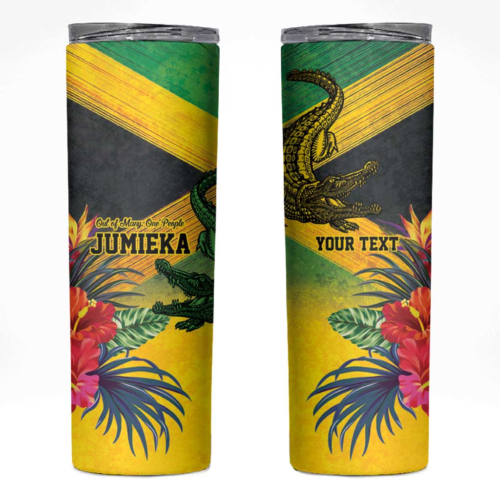 Personalized Jamaica Crocodile Skinny Tumbler Tropical Flowers Grunge Flag - Wonder Print Shop
