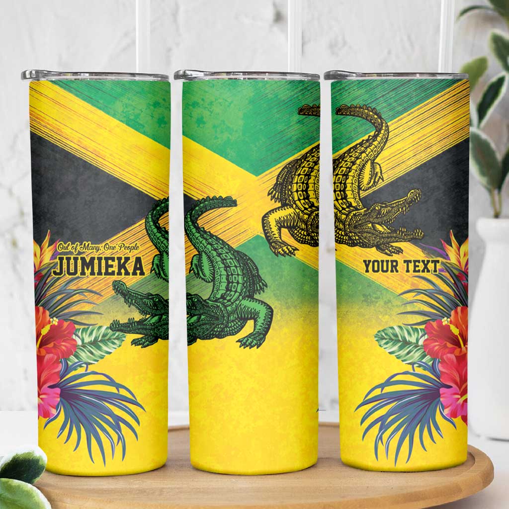 Personalized Jamaica Crocodile Skinny Tumbler Tropical Flowers Grunge Flag - Wonder Print Shop