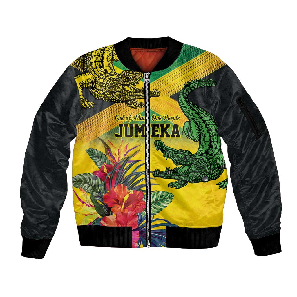 Personalized Jamaica Crocodile Sleeve Zip Bomber Jacket Tropical Flowers Grunge Flag - Wonder Print Shop