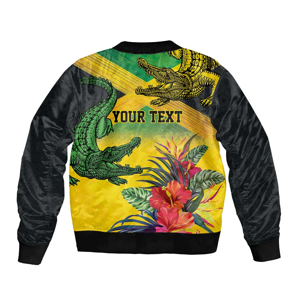 Personalized Jamaica Crocodile Sleeve Zip Bomber Jacket Tropical Flowers Grunge Flag - Wonder Print Shop