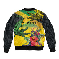 Personalized Jamaica Crocodile Sleeve Zip Bomber Jacket Tropical Flowers Grunge Flag - Wonder Print Shop