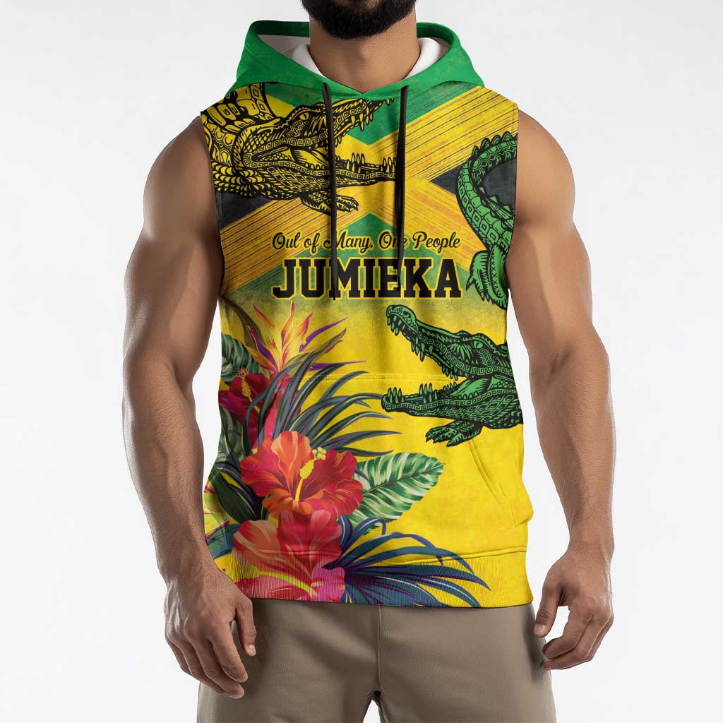 Personalized Jamaica Crocodile Sleeveless Hoodie Tropical Flowers Grunge Flag - Wonder Print Shop