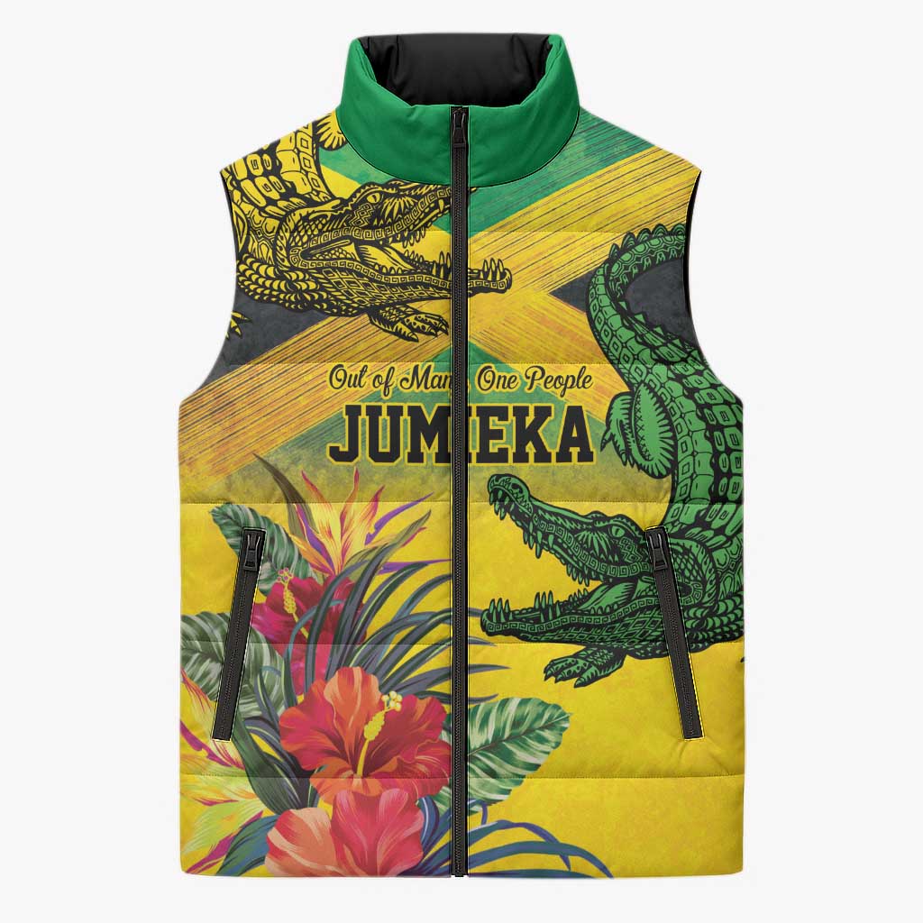 Personalized Jamaica Crocodile Sleeveless Puffer Jacket Tropical Flowers Grunge Flag - Wonder Print Shop