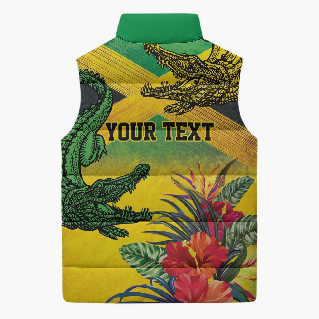 Personalized Jamaica Crocodile Sleeveless Puffer Jacket Tropical Flowers Grunge Flag - Wonder Print Shop