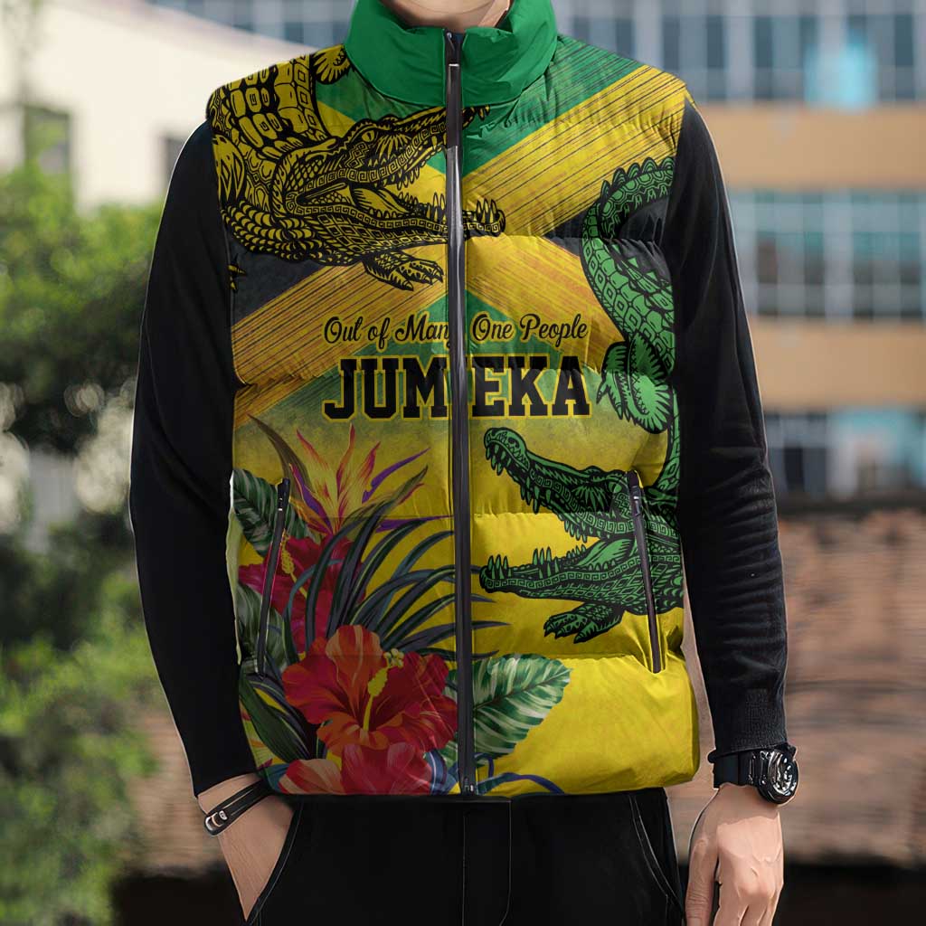 Personalized Jamaica Crocodile Sleeveless Puffer Jacket Tropical Flowers Grunge Flag - Wonder Print Shop